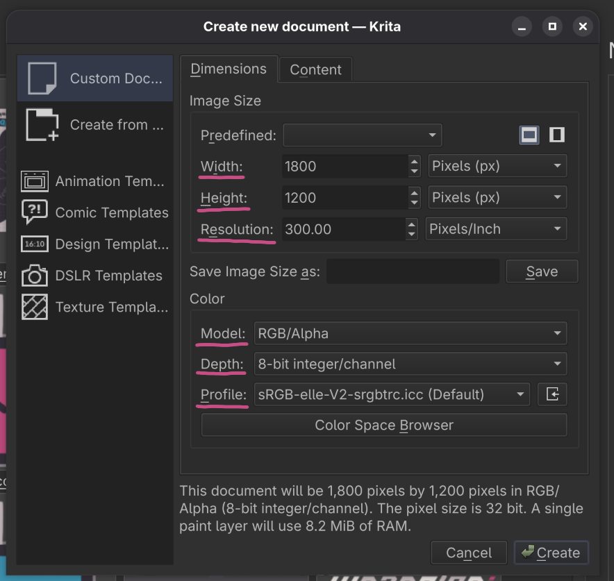 Screenshot of Krita's option menu when creating a new document