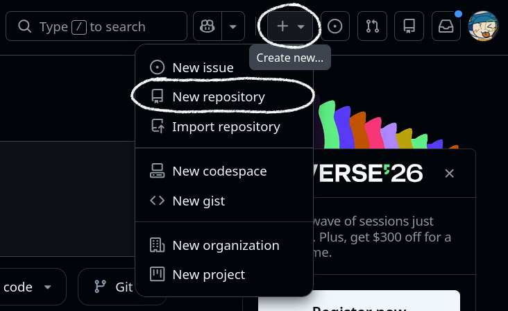 Screenshot of the Github top menu with a popup to add a new repo