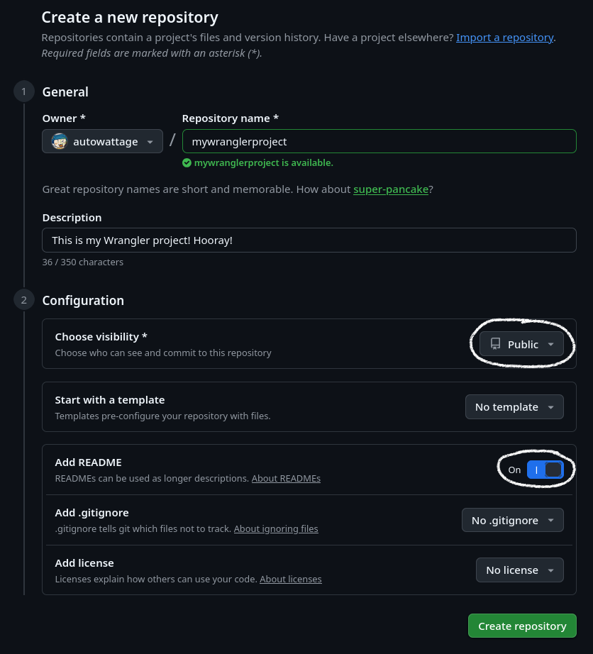Github repository creation screen