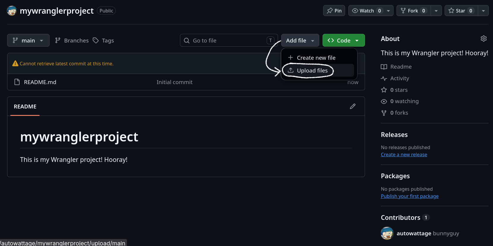 Github repository home screen, mouse hovered on the Add Files button