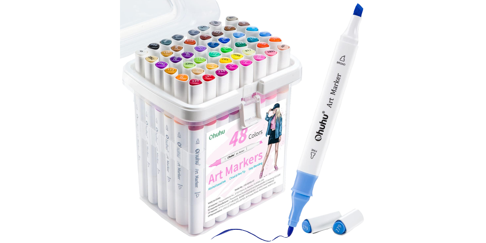 A transparent box with multiple alcohol markers inside