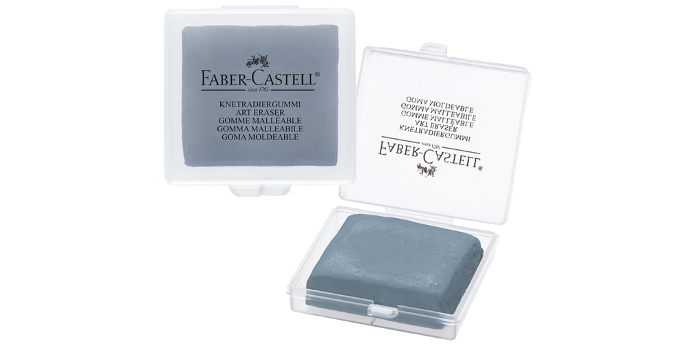 A gray kneadable eraser in a small transparent box