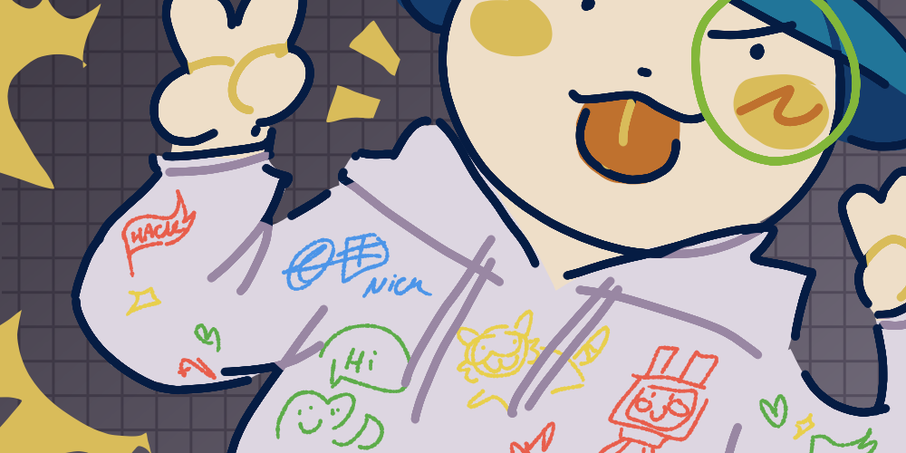 A white rabbit with a blue bucket hat wears a white hoodie with multiple doodles and signatures.