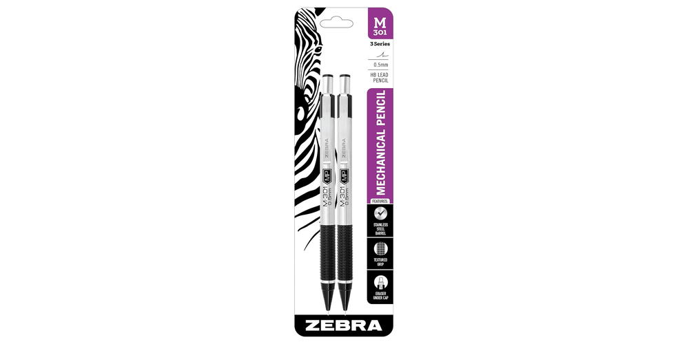 A paper sleeve containing two silver and black mechanical pencils