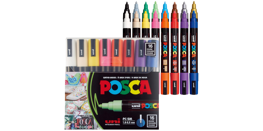 A transparent box with colorful paint markers inside