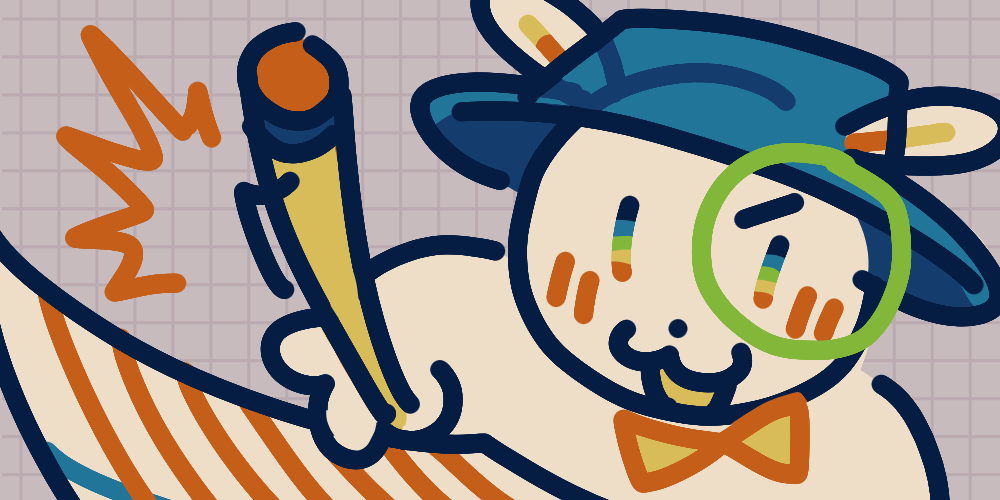 A white rabbit with a blue bucket hat and yellow bowtie draws on a sheet of paper