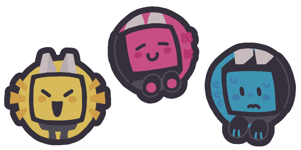 Three circular stickers of red, yellow, and blue adaptor-shaped robots