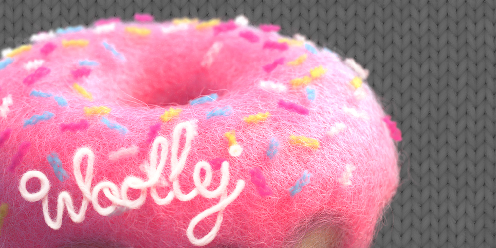 3D model of a donut with a needle-felt texture, with the word 'Wooly' on top